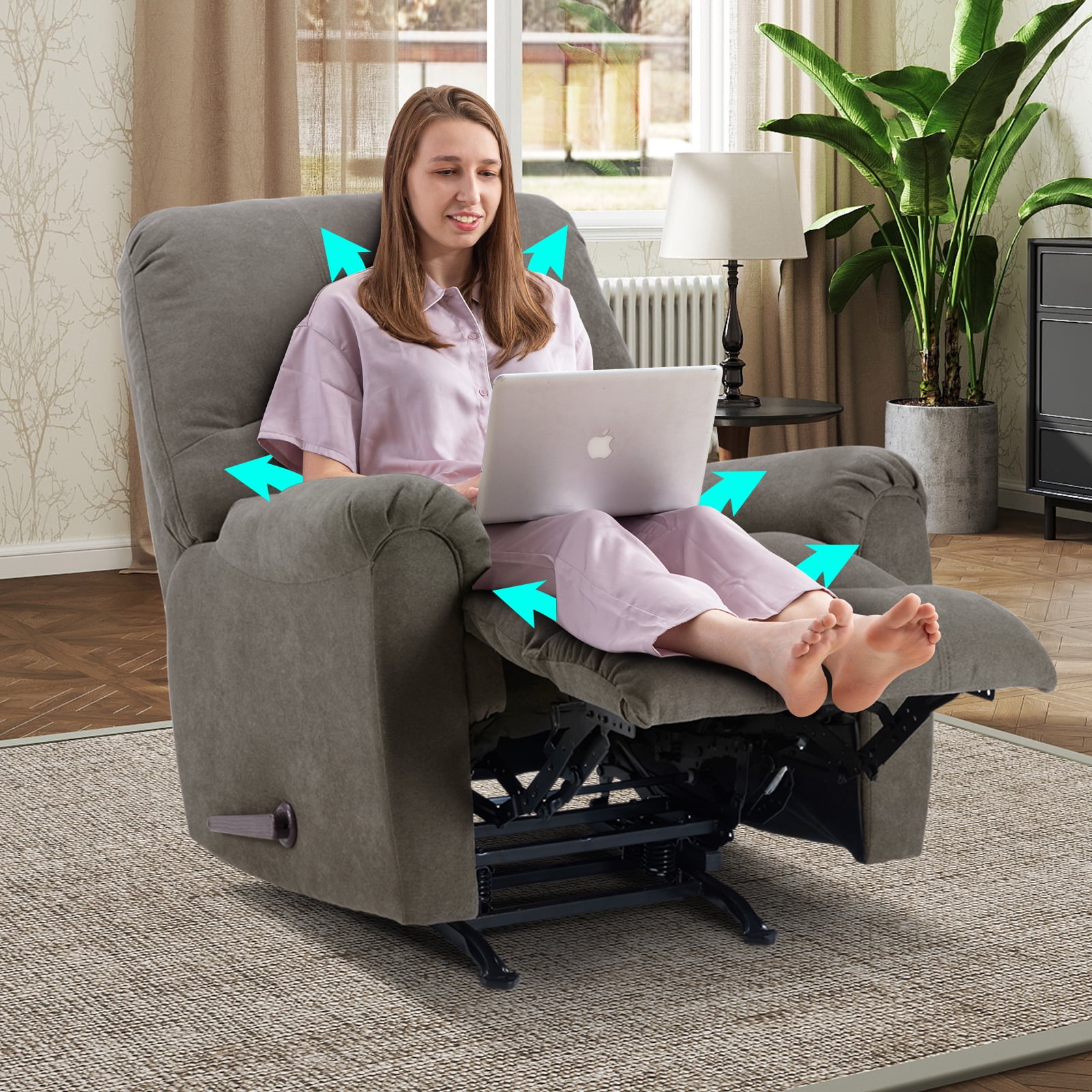 Ebello Manual Rocker Recliner Chair for Adults – Soft Fabric Reclining Sofa with Overstuffed Backrest, 300 lbs Weight Capacity,Grey