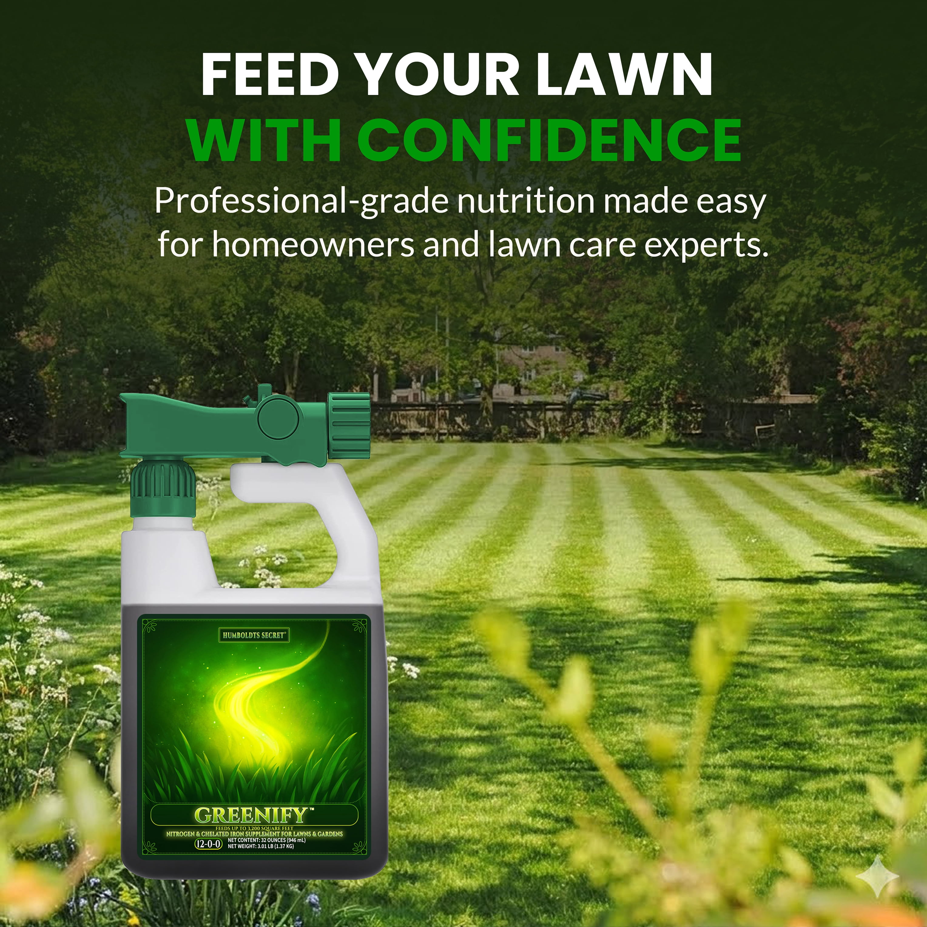 Humboldts Secret Greenify | 12-0-0 Nitrogen & 6% Iron Liquid Lawn Fertilizer Concentrate | Chelated Iron Supplement for Healthy Grass, Turf, and Garden Growth | 32 Ounce Refill for Healthy Growth