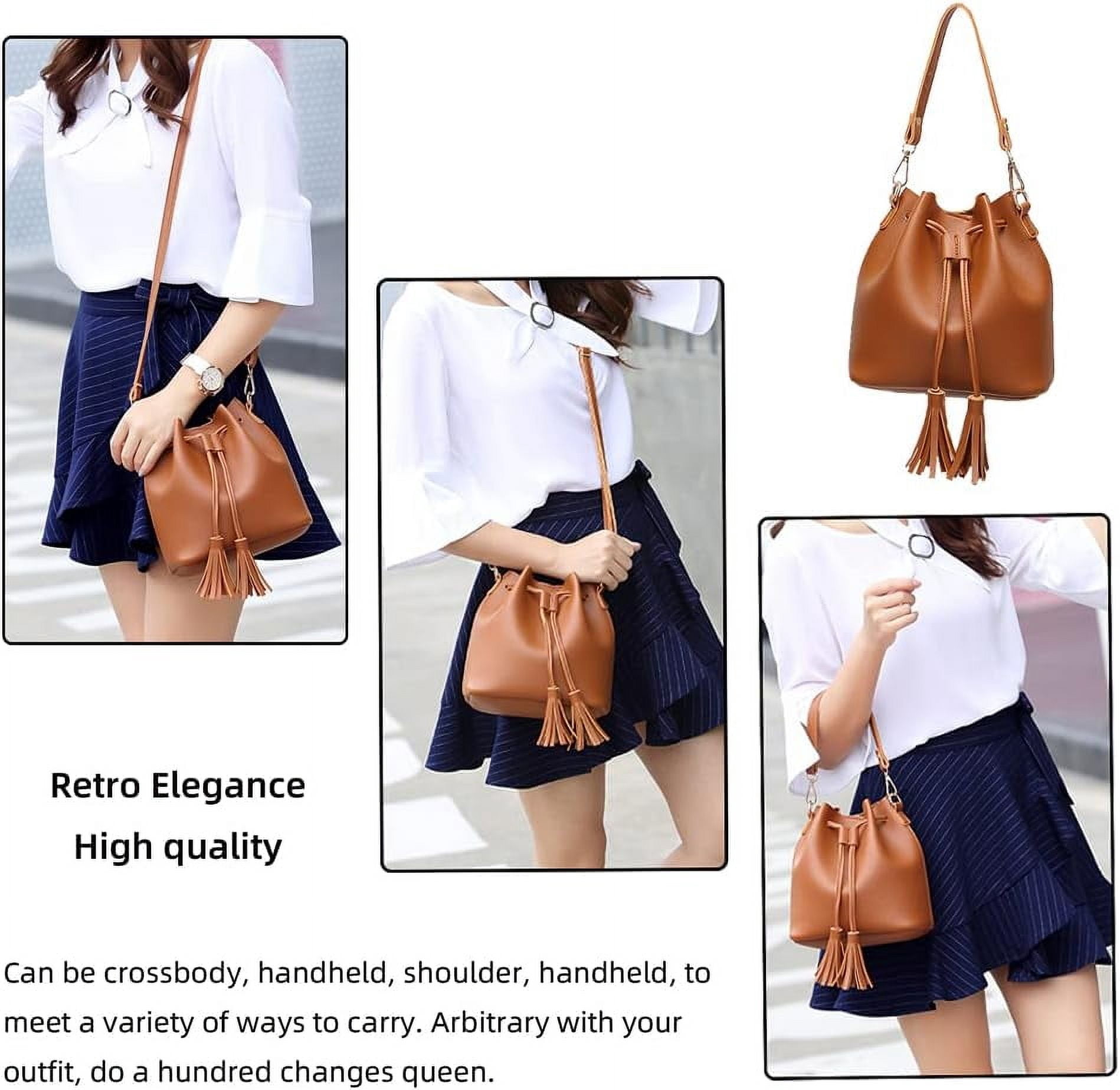 HMSHA Womens Mini Bucket Bag Leather Drawstring Handbag Tassel Shoulder Purse Retro Crossbody Wallet with Adjustable Straps