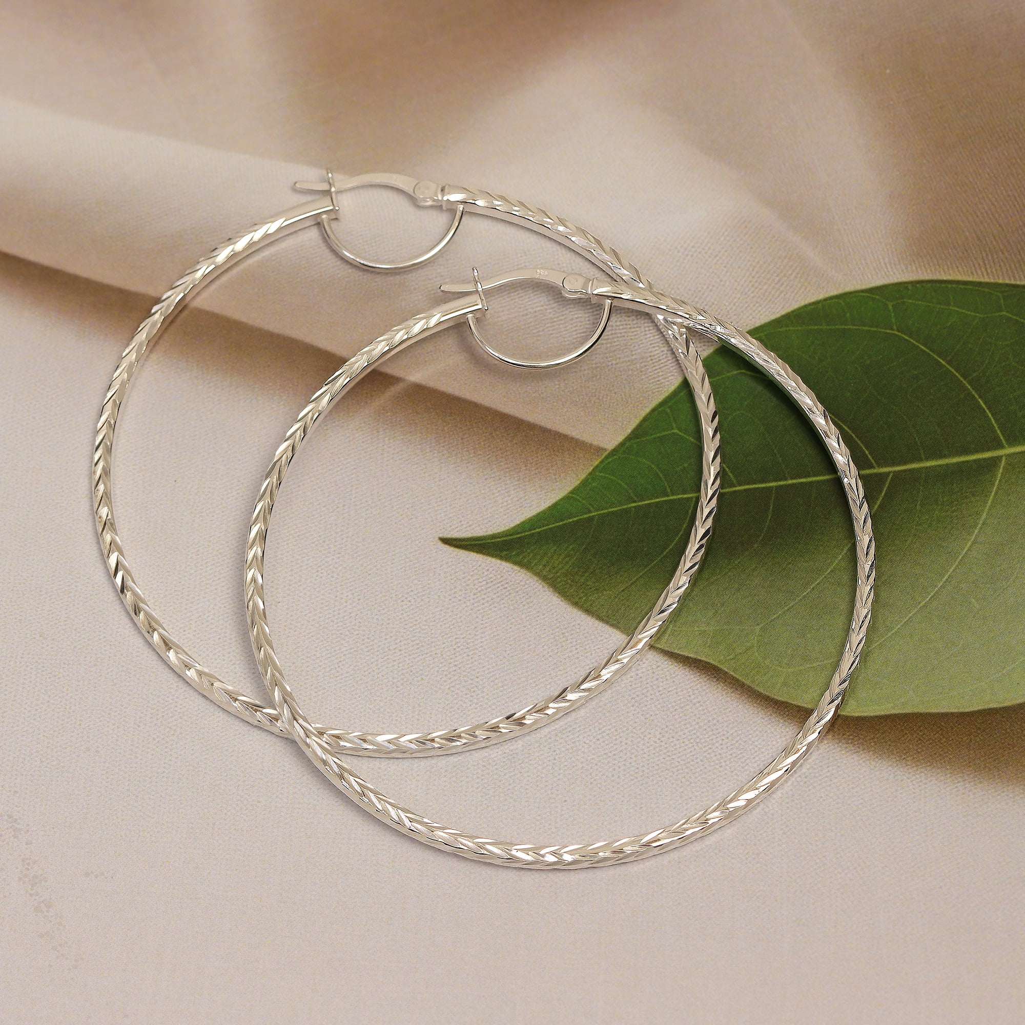 LeCalla 925 Sterling Silver Anti-Tarnish Diamond-Cut Hoop Earrings Italian Design Click-Top for Women 60MM