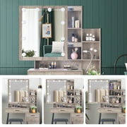 Ktaxon Lighted Vanity Table Set with Charging Station, Makeup Dressing Table with Sliding Mirror, Bedroom Vanities Set