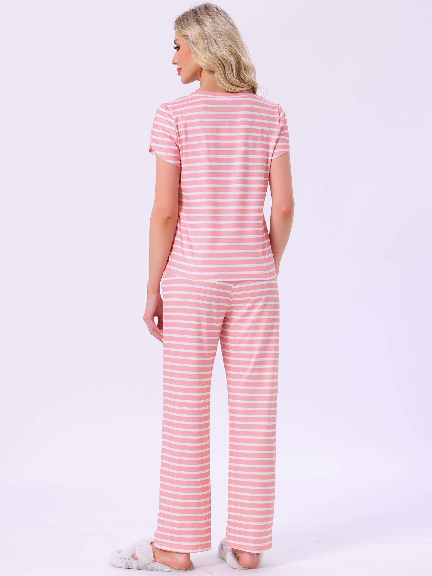 DARING DIVA Pajamas V Neck Top Drawstring Pants Sleepwear Lounge Sets L Pink Striped