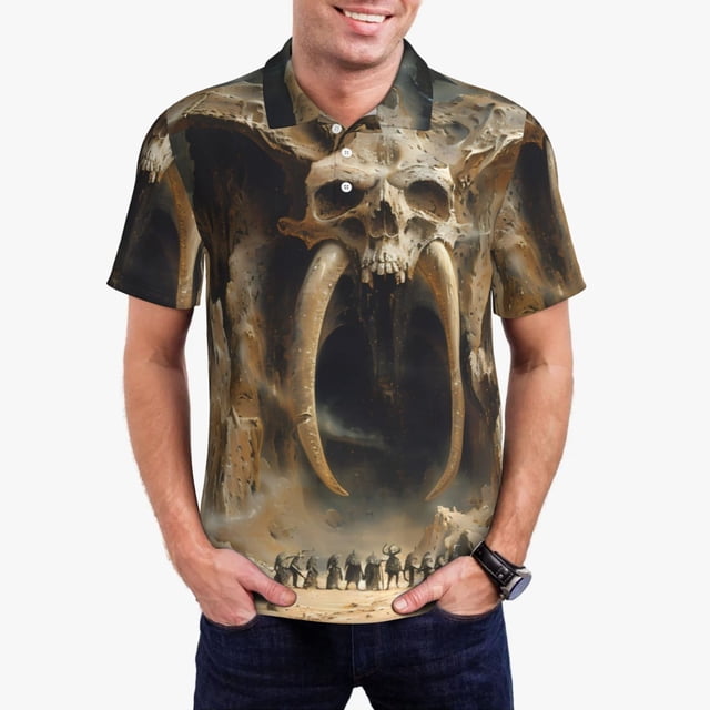 Fotbe Ancient Skull Cave Landscape Camiseta Polo de Golf para Hombre con Estampado – Camisa Deportiva Transpirable con Cuello Abotonado-XX-Large