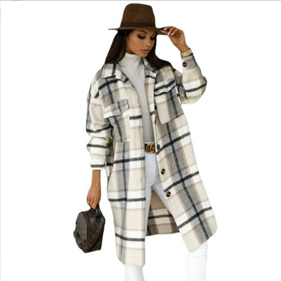 Womens Plaid Long Wool Blend Coat Shacket Jackets Long Sleeve Button Down Casual Boyfriend Flannel Shirts-