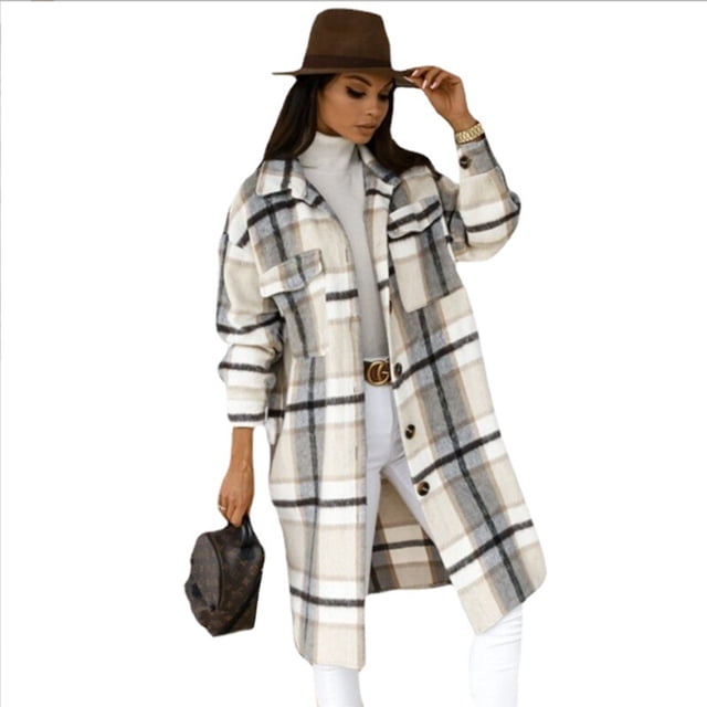 Abrigo largo de mezcla de lana a cuadros para mujer, chaquetas tipo chaquetón, camisas casuales de franela con botones y manga larga para novio