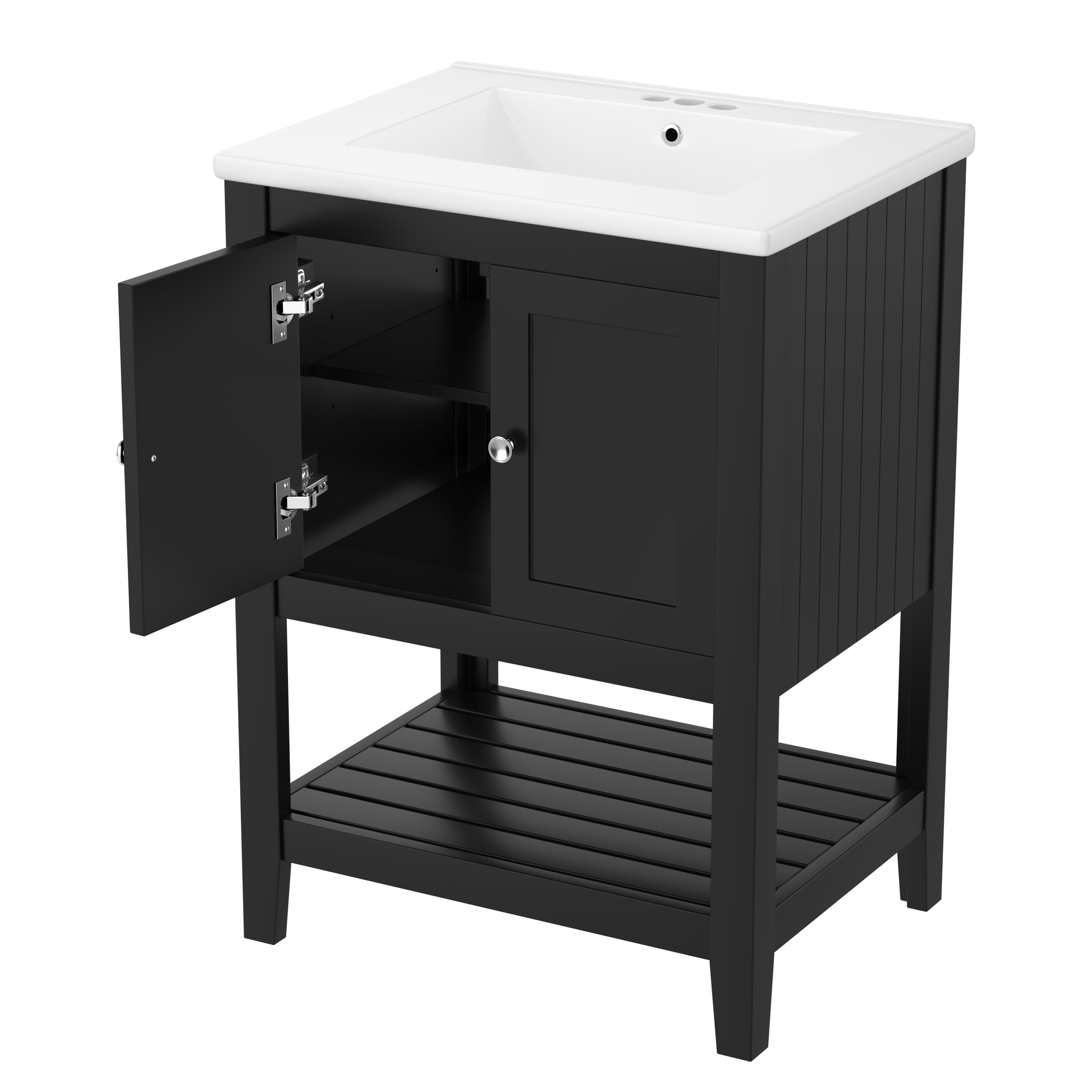 PORKISS 24" Bathroom Vanity with Ceramic Sink, Wood Bathroom Cabinet Vanity with Doors and Open Shelf, Freestanding Bathroom Storage Cabinet with Solid Wood Frame, Black