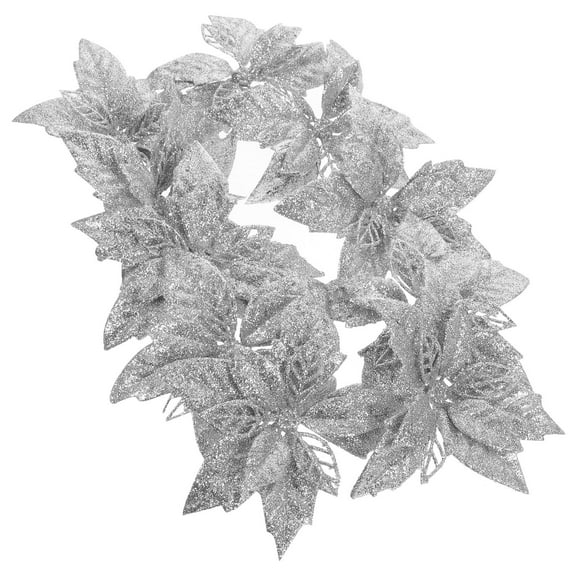 PAMINGONO 10Pcs Artificial Poinsettia Flowers Silver Christmas Tree Decoration Faux Poinsettia Home Decor 5.3In Diameter