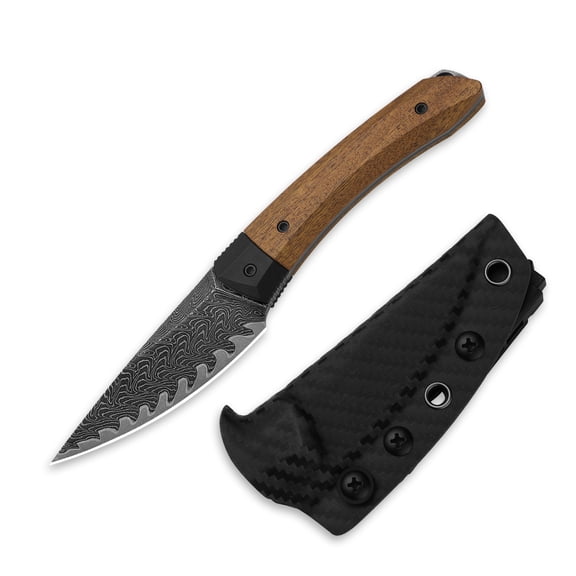 Kizer Momo Fix 3 Fixed Knife Damascus Blade G10 & Wood Handle With Sheath 1124A1