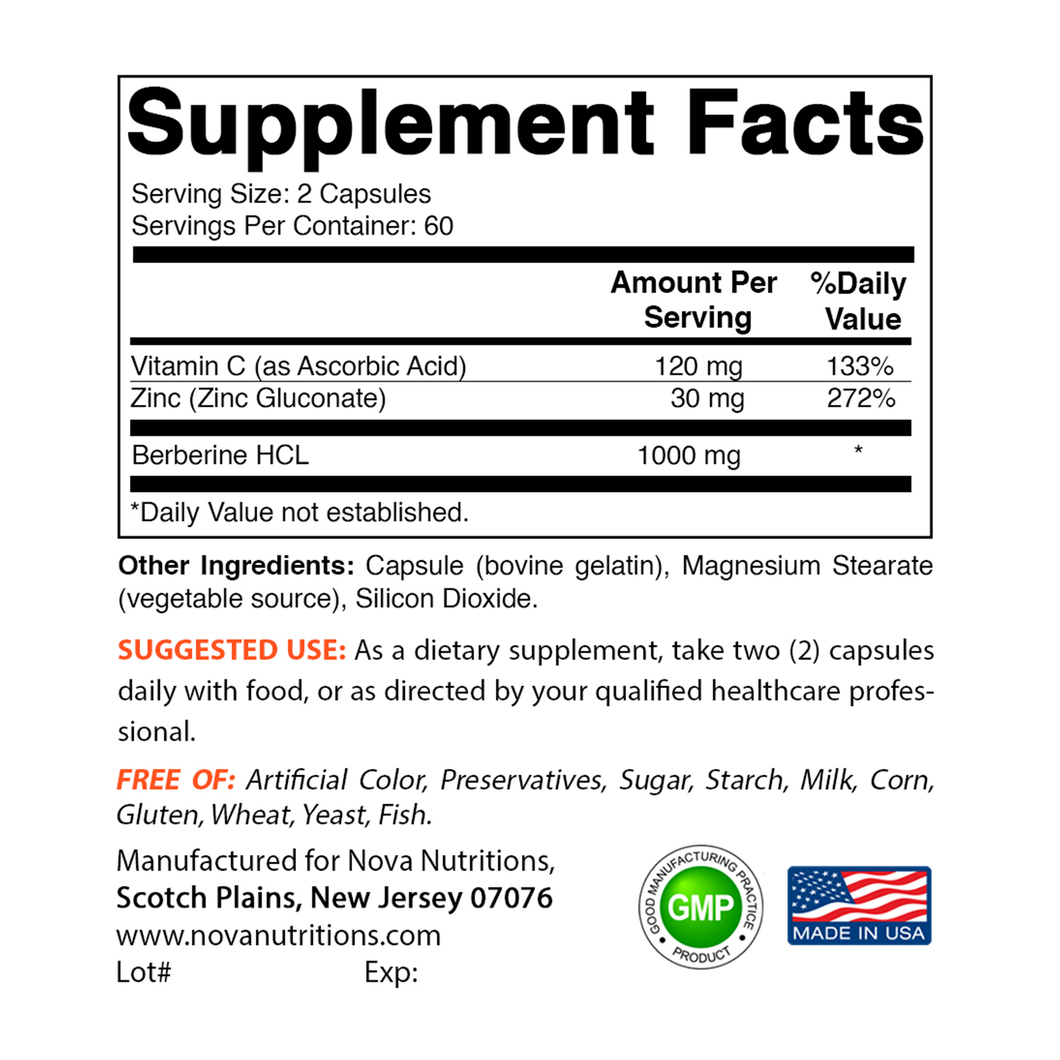 Nova Nutritions Berberine Plus 1000 mg per Serving (Non-GMO) 120 ...