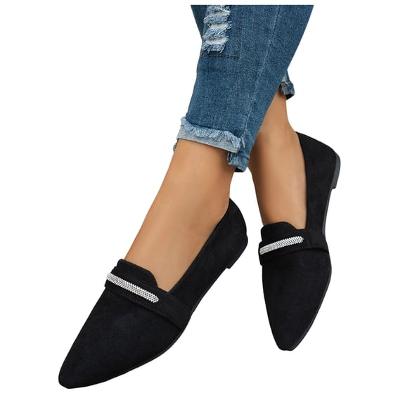 Rokment Dress Shoes for Women Ladies 2026 Black White Trendy Casual Suede Pointed Toe Business Formal Walking Ballet Flat Slip on Dressy Loafers Black Size 6.5