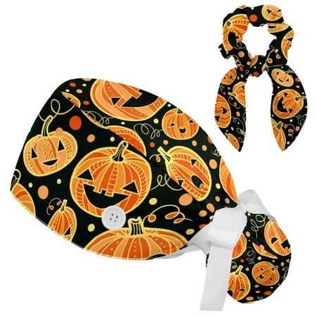 

Working Cap with Buttons and Sweatband Scrub Hat Bouffant Caps with Scrunchie Halloween Tie Back Hats
