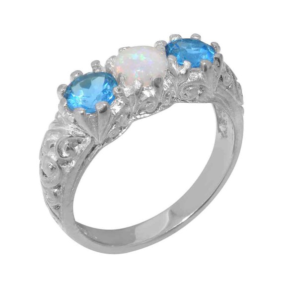 LBG British Made 14k White Gold Natural Opal & Blue Topaz Womens Anniversary Ring - 33 size options - Size 10