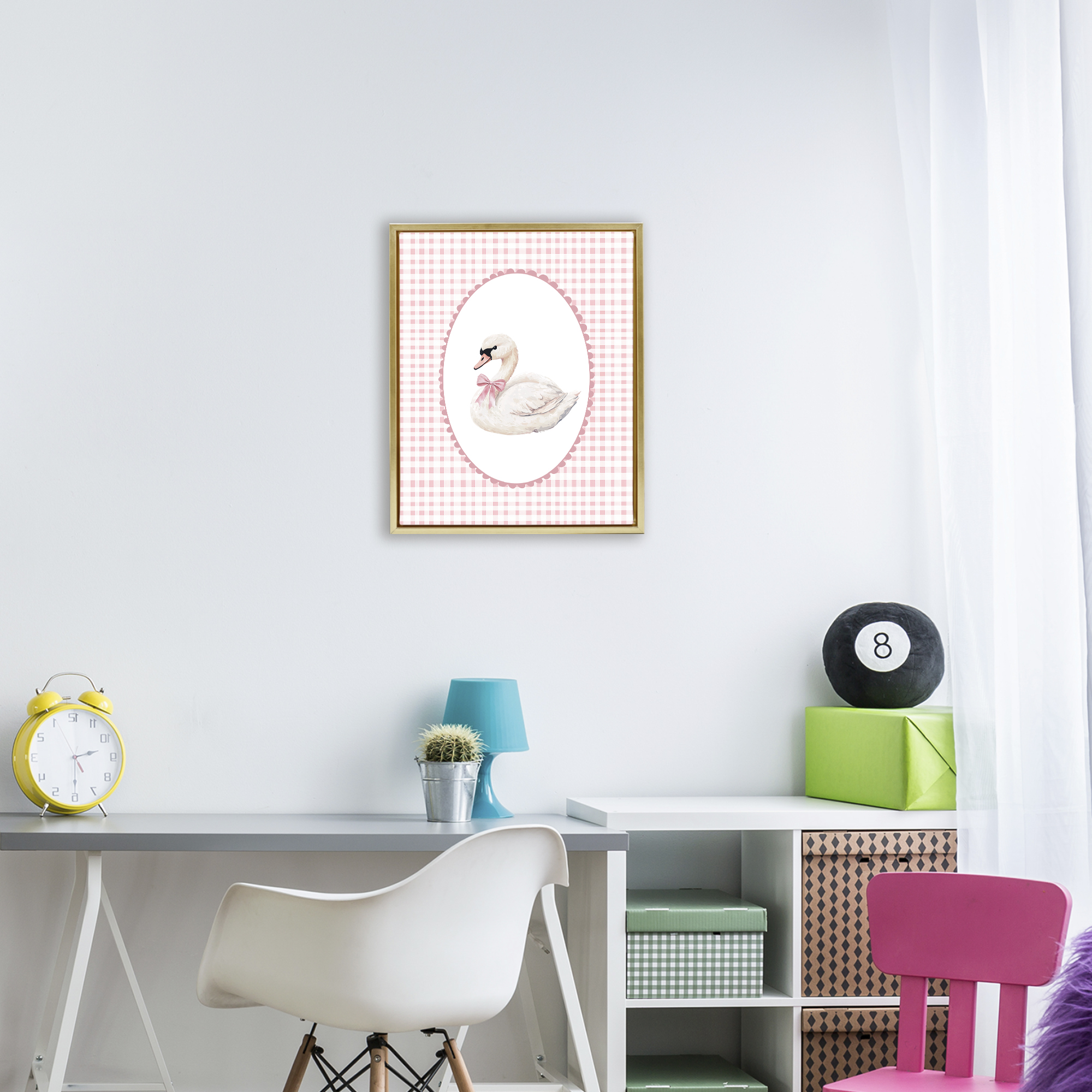 Gentle Swan on Pink Checkered Gold Framed Floater Canvas Wall Art, design by Christine Simpson Art
