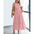 thumbnail image 2 of EASYBRA Women V Neck Puff Sleeve Pleated Maxi Dress Elegant A Line Layered Hem Summer Dress, 2 of 6