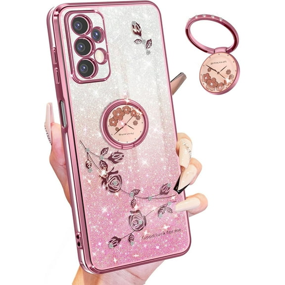 (3in1 for Samsung Galaxy A32 5G Case for Women Girls Glitter Girly Cute Bling Flowers Phone Cases with Ring Stand Unique Design Sparkle Floral Shiny Pretty Cover for Samsung A32 5G 6.5''