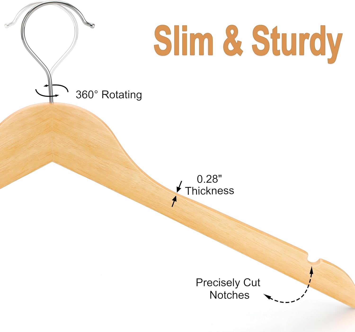Wooden Hangers 48 Pack, 0.28-inch Slim & Durable Clothes Hangers Space Saving, Natural Wood Hanger with 360°Swivel Hook and Non-Slip Shoulder Notches for Coat,Shirt,Camisole,Dress