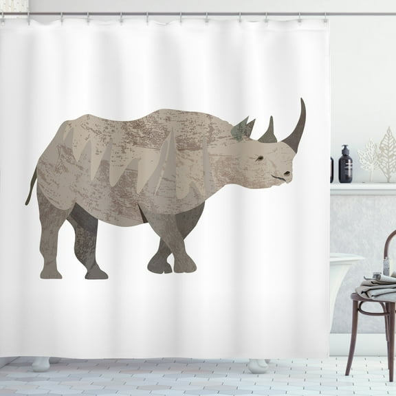 Rhino Shower Curtain, Watercolor Detailed Rhinoceros in Profile View Herbivore Animal Monochrome, Fabric Bathroom Set with Hooks, 69W X 70L Inches, Warm Taupe White Grey, by Ambesonne