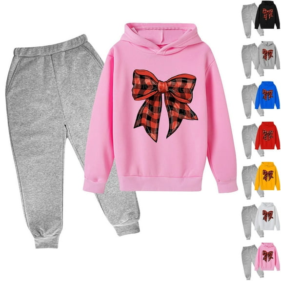 THDHVS Toddler Outfits for Girls,Kids Sweatsuit,Toddler Girl Fall Winter Outfit Long Sleeve Christmas Bow Print Long Sleeve Hoodie and Stretch Pants Infant Girl Clothes Black 7-8 Years
