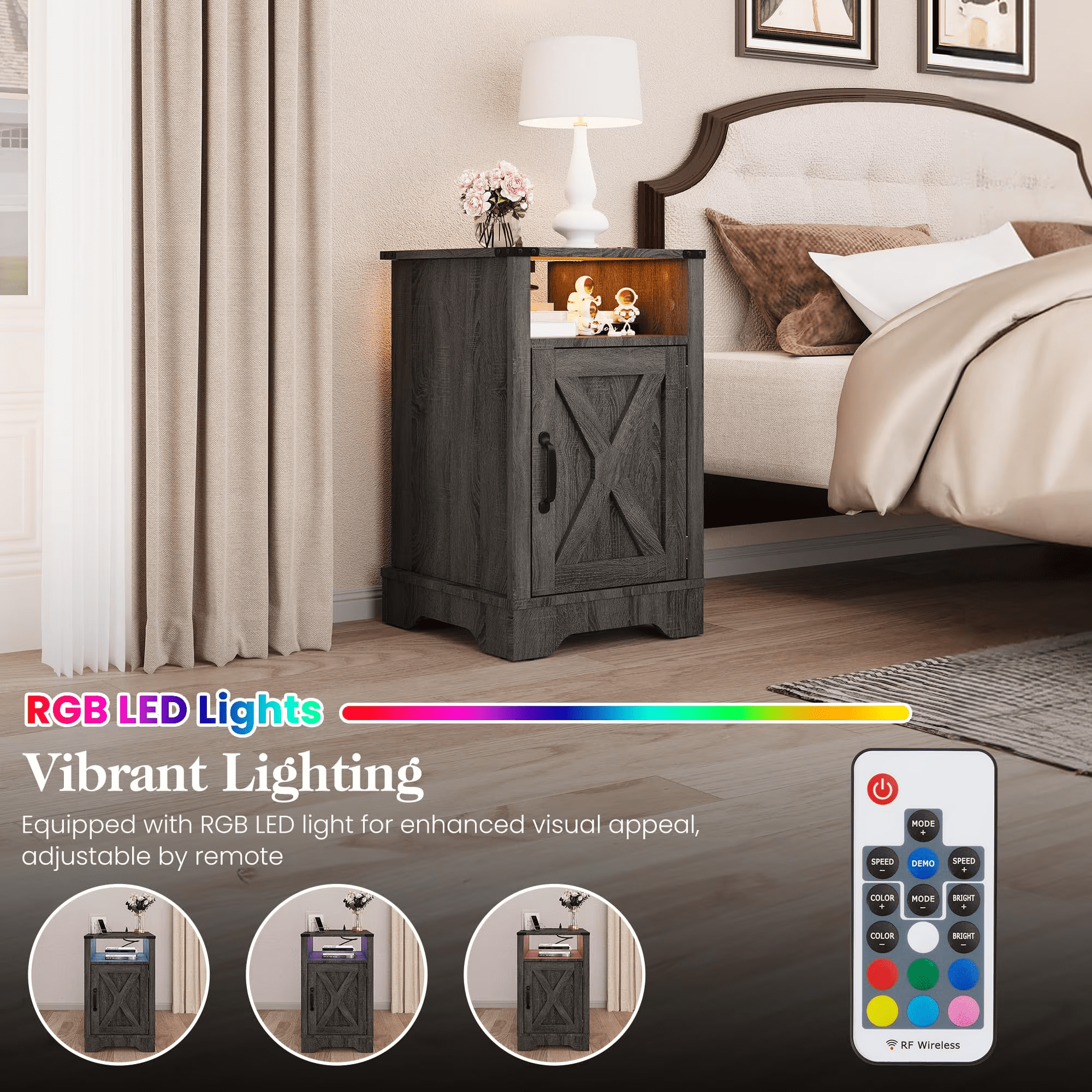LED Nightstand with Charging Station, Bedside Table with Storage Cabinet and Shelf, Rustic End Table, Farmhouse Wooden Side Table, for Bedroom, Living Room, Dark Gray