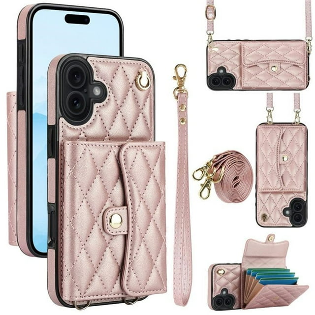 For Apple iPhone 17 RFID Blocking Protective Purse Wallet Case Magnetic Flip Cover Multi-Card Slots Pocket With Detachable Shoulder Strap And Wrist Strap,Rose gold,For iPhone 17