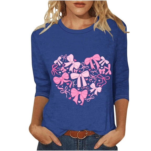 Yteetum Valentines Gift 3/4 Length Sleeve Womens Tops Oversized Crewneck Valentine Day Loves Heart Graphic Print Short Sleeve T Shirt Womens Casual Plus Size Round Neck Three Quarter Sleeve Tee Shirt
