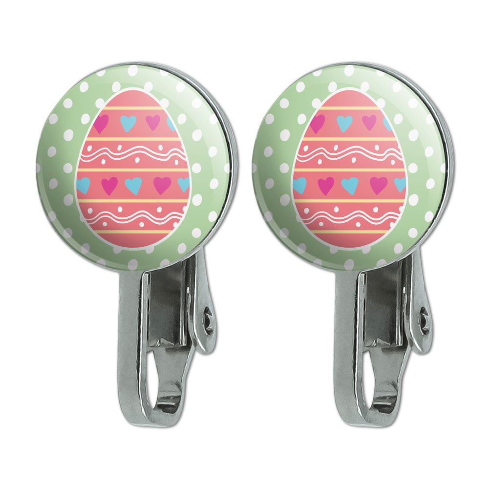 Cute Easter Egg Pink with Hearts Novelty Clip-On Stud Earrings