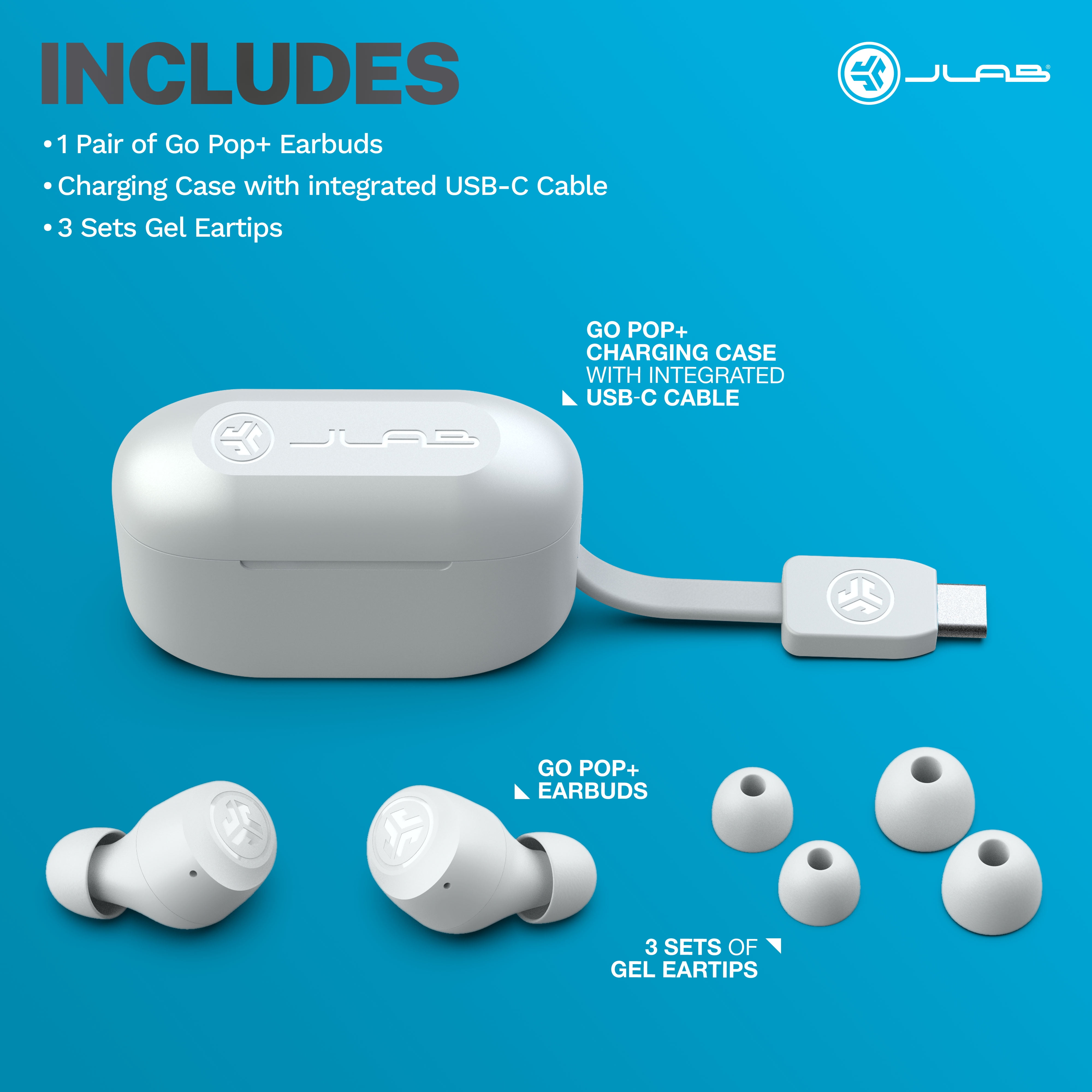 JLab Go Pop+ True Wireless Earbuds, Cloud White, Bluetooth 5.3, Dual Connect, IPX4, Be Aware Mode, Custom Sound & Controls via App
