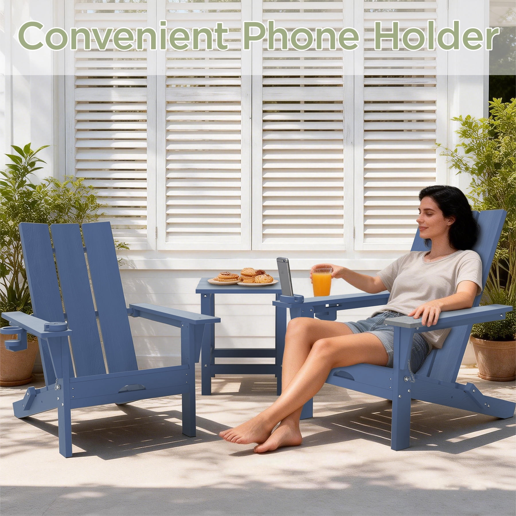 Tappio Folding Adirondack Chair Set of 2, All Weather HDPE Outdoor Patio Chairs with Detachable Multifunctional Holders and Cup Holders, Fire Pit Chairs for Yard Garden Poolside, Blue