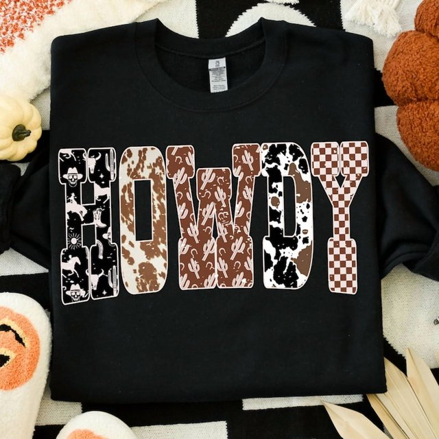 Howdy Sweatshirt, Western Halloween Ghost Sweatshirt, Cowboy Checkered Fall Letters Shirt, Spooky Rustic Sweatshirt