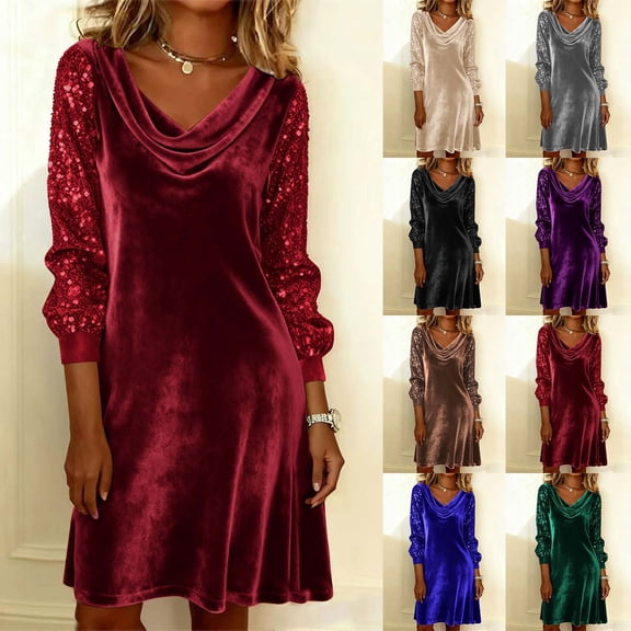 Vetsdori Holiday Mini Dresses for Women Sequined Cocktail Dresses Party Long Sleeve Crew Neck Plain,Mujer Formal Juniors Dress Pleated