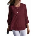 thumbnail image 2 of Womens 3/4 Sleeve Shirts Cotton Linen Roll Up Short Sleeve Tops V Neck Casual Loose Fit Blouses Wine Red L, 2 of 7