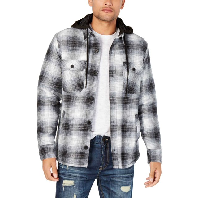 American Rag Men’s Plaid Hooded Shirt Jackets, Black/White, X-Large