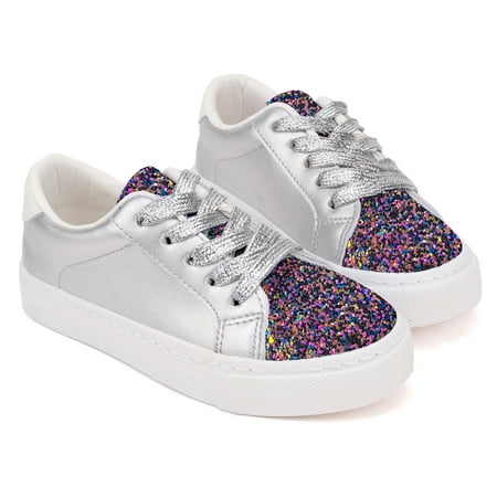 

Toddler Boys Sneakers Girls Shoes Kids Low Top Lace Up Non-Slip Sparkle Glitter Sliver Lightweight Rubber Sole Breathable Fashion Casual Purple Size 2