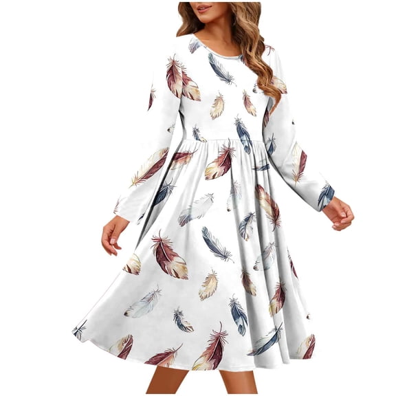 SMihono Long Sleeve Round-Neck Casual Pocket Dress Lightweight Breathable Soft Comfort Stylish Printed Tunic Perfect for Daily Work Party Vacation White S