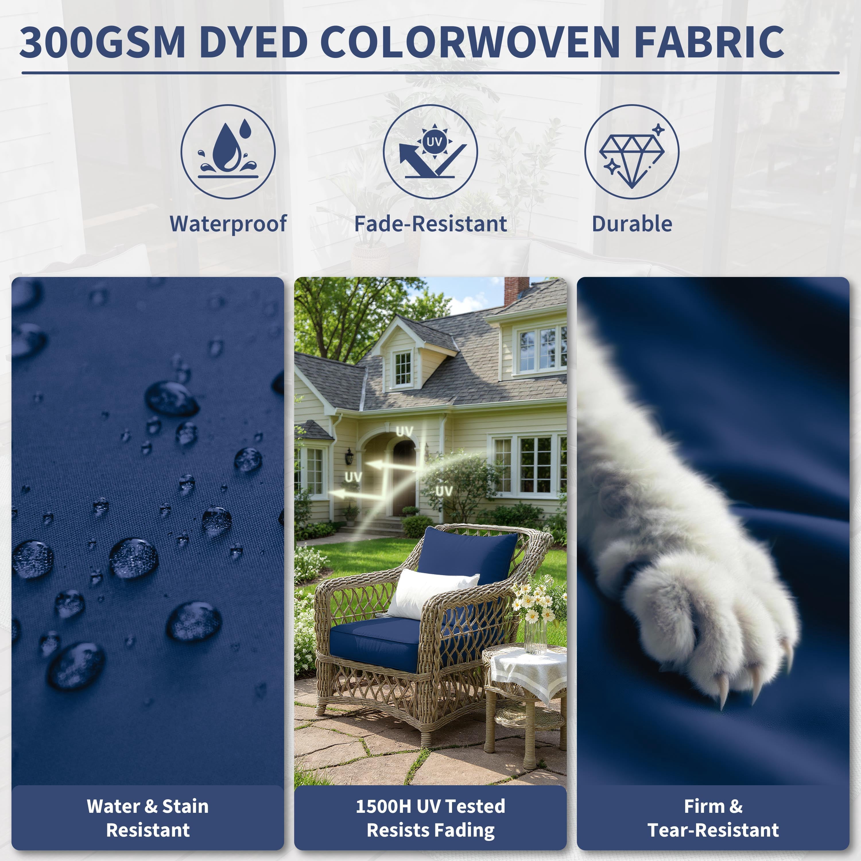 Kimunuk Outdoor Seat Cushion Set, 22" X 24" X 4" Water-Resistant & Fade-Resistant Patio Furniture Replacement Cushions with Handle and Straps for Sofa Chair, Blue