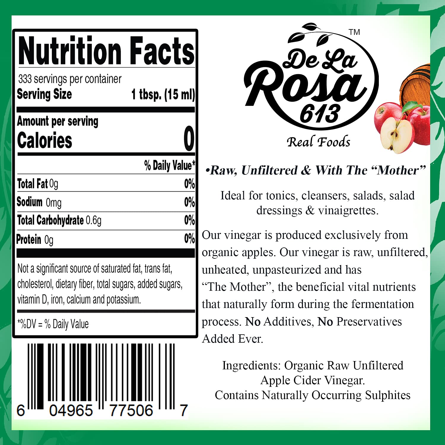 De La Rosa 613 ORGANIC Apple Cider Raw & Unfiltered Vinegar,, 5Liter