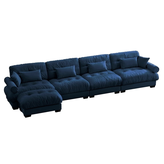 L Shaped Sectional Cloud Sofa, Convertible Deep 4 Seater Modular Couch for Living Room, Modern Velvet Comfy Upholstered Corner Couch Waist Pillows, Blostered Armrests (Blue)