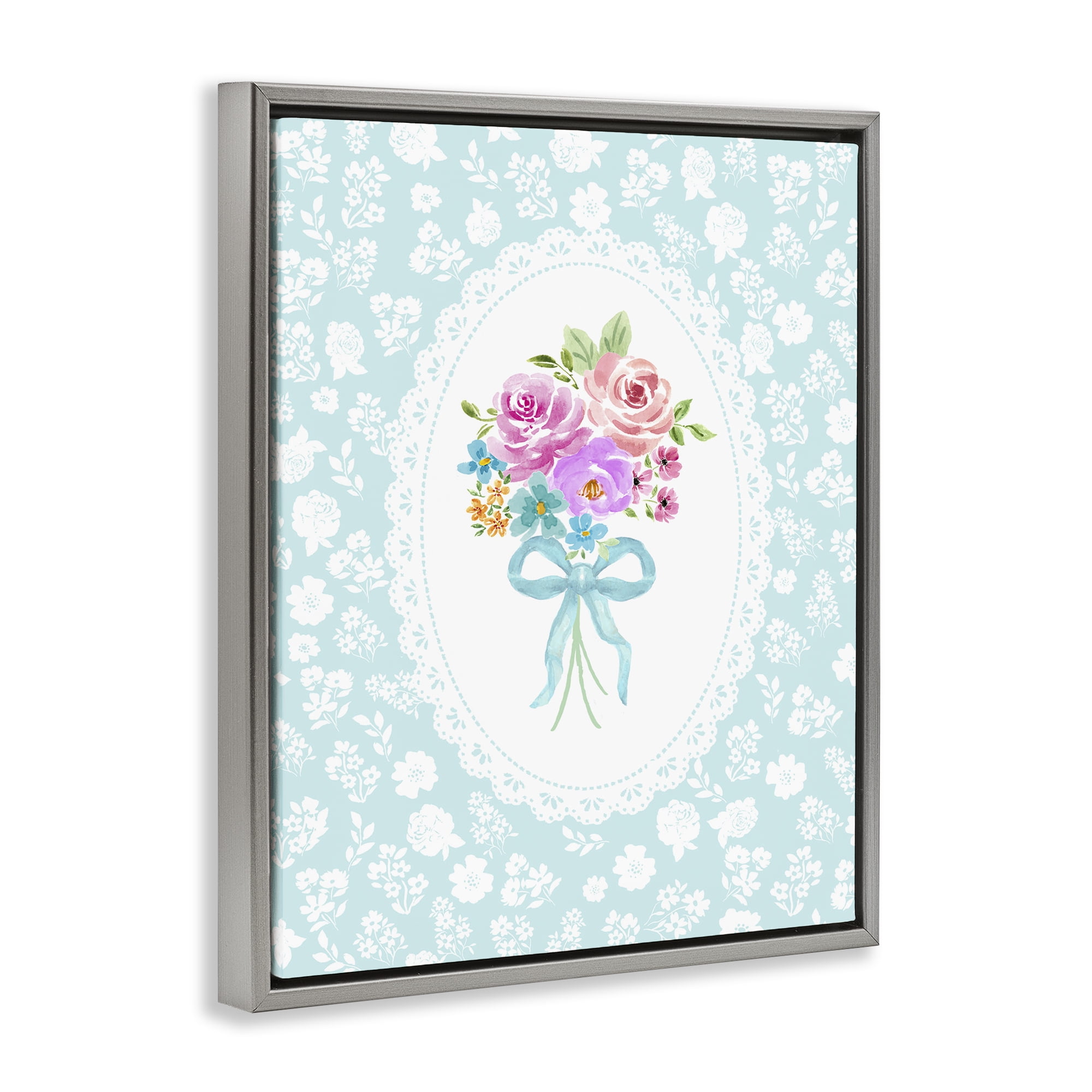 Stupell Industries Aqua Feminine Bouquet Gray Framed Floater Canvas Wall Art, design by Corinne Haig