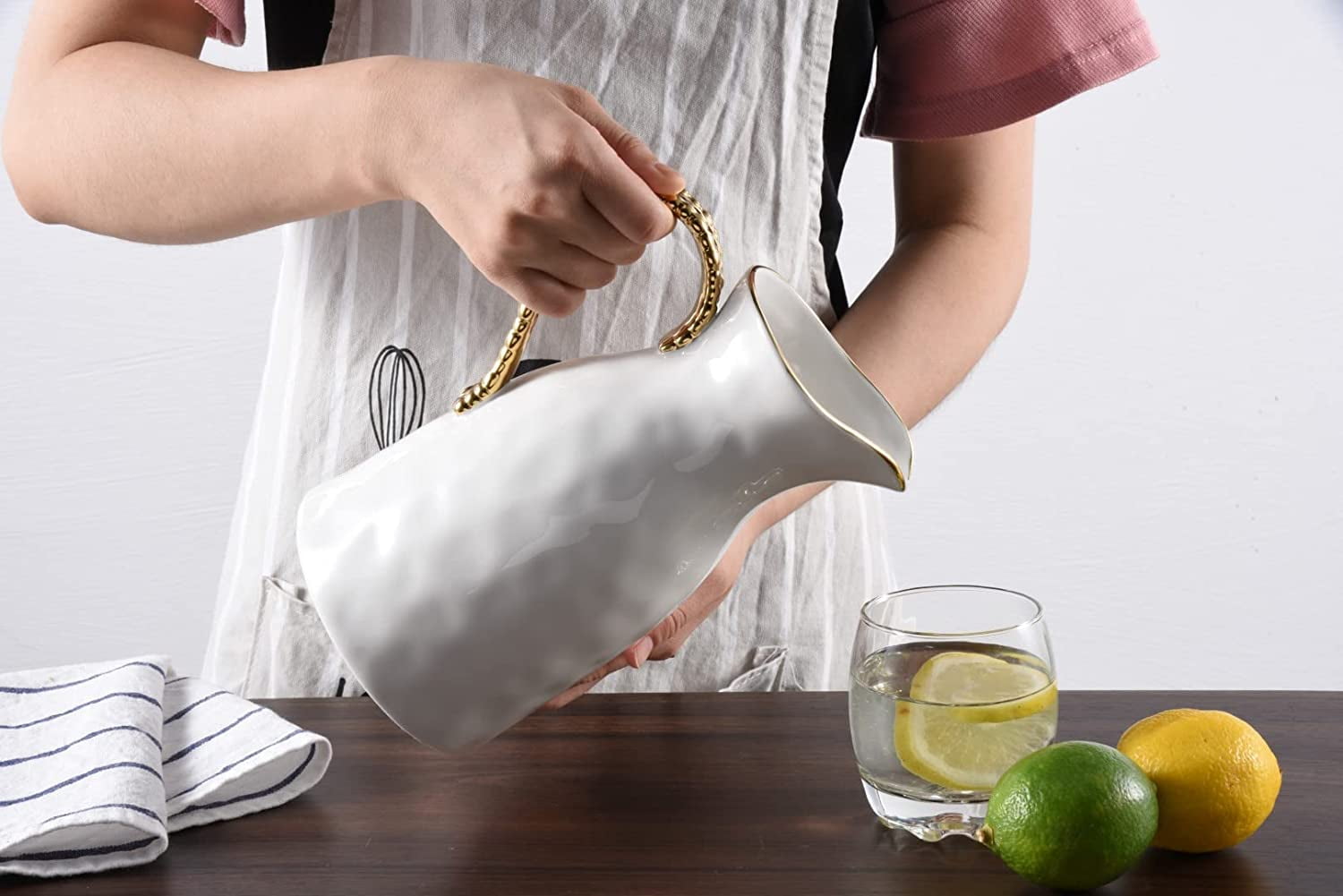 Pampa Bay Golden Salerno Titanium-Plated Porcelain Water Pitcher, 8.25 x 6.25 x 4.75 in, White and Gold