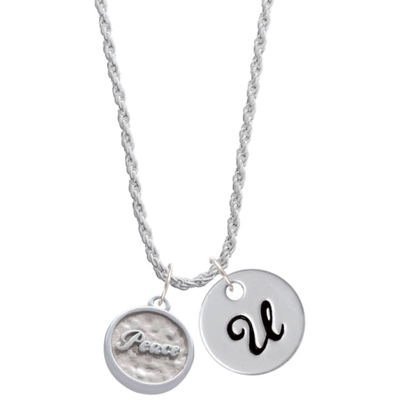 Delight Jewelry Silvertone Peace - Round Seal Silvertone Script Initial Disc - U - Charm Necklace, 20"+3"