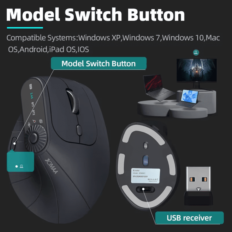 Jomaa Wireless Vertical Mouse with Rechargeable Bluetooth, Black, New