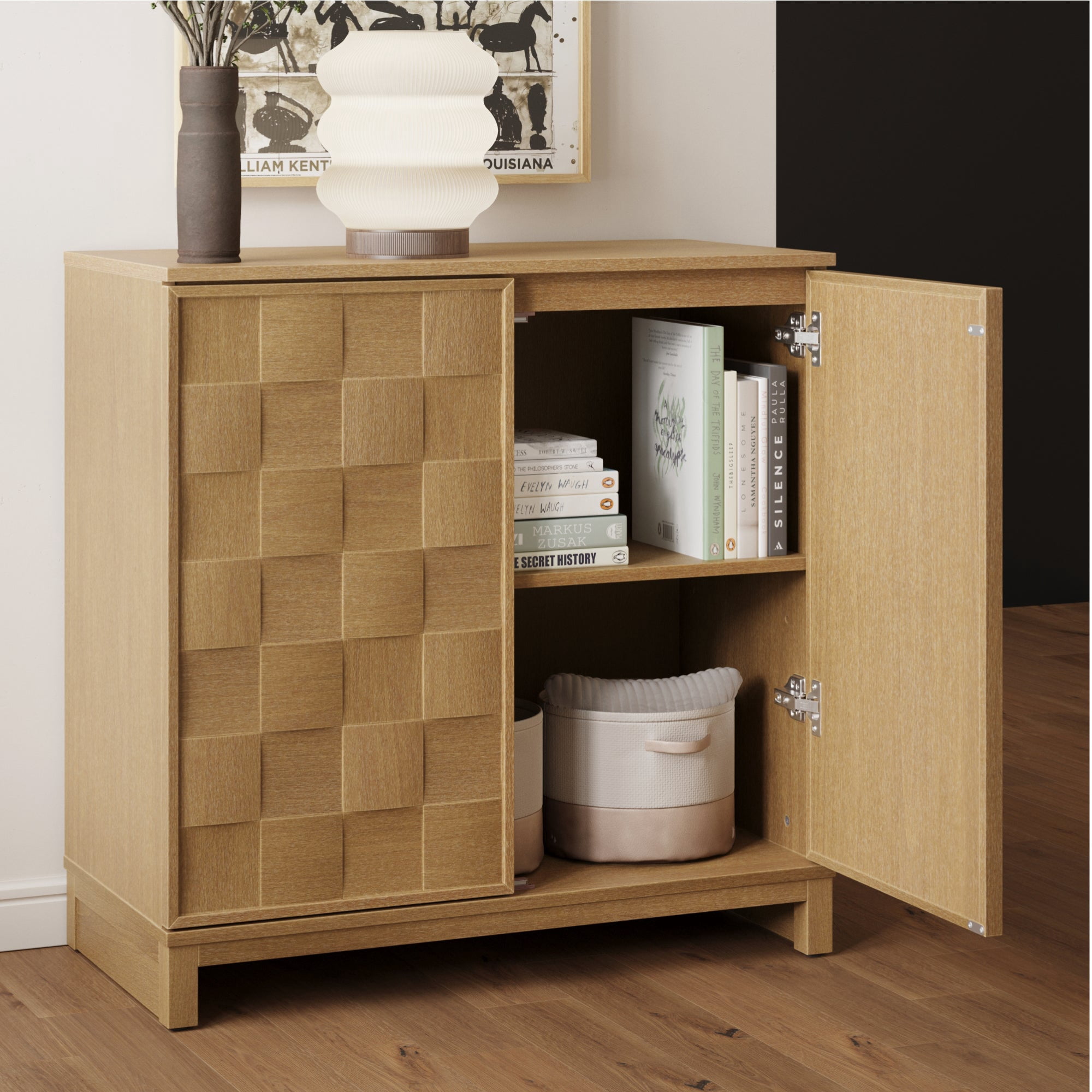 Nathan James Paige Mid Century Modern Bar Cabinet Credenza, Light Wood Accent Cabinet with Sculpted Doors and Interior Adjustable Shelf, Light Brown