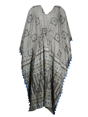 Mogul Women's Gray Printed Pom Pom Tassel Kimono Sleeves Summer Fashion Resort Wear Long Caftan 3X