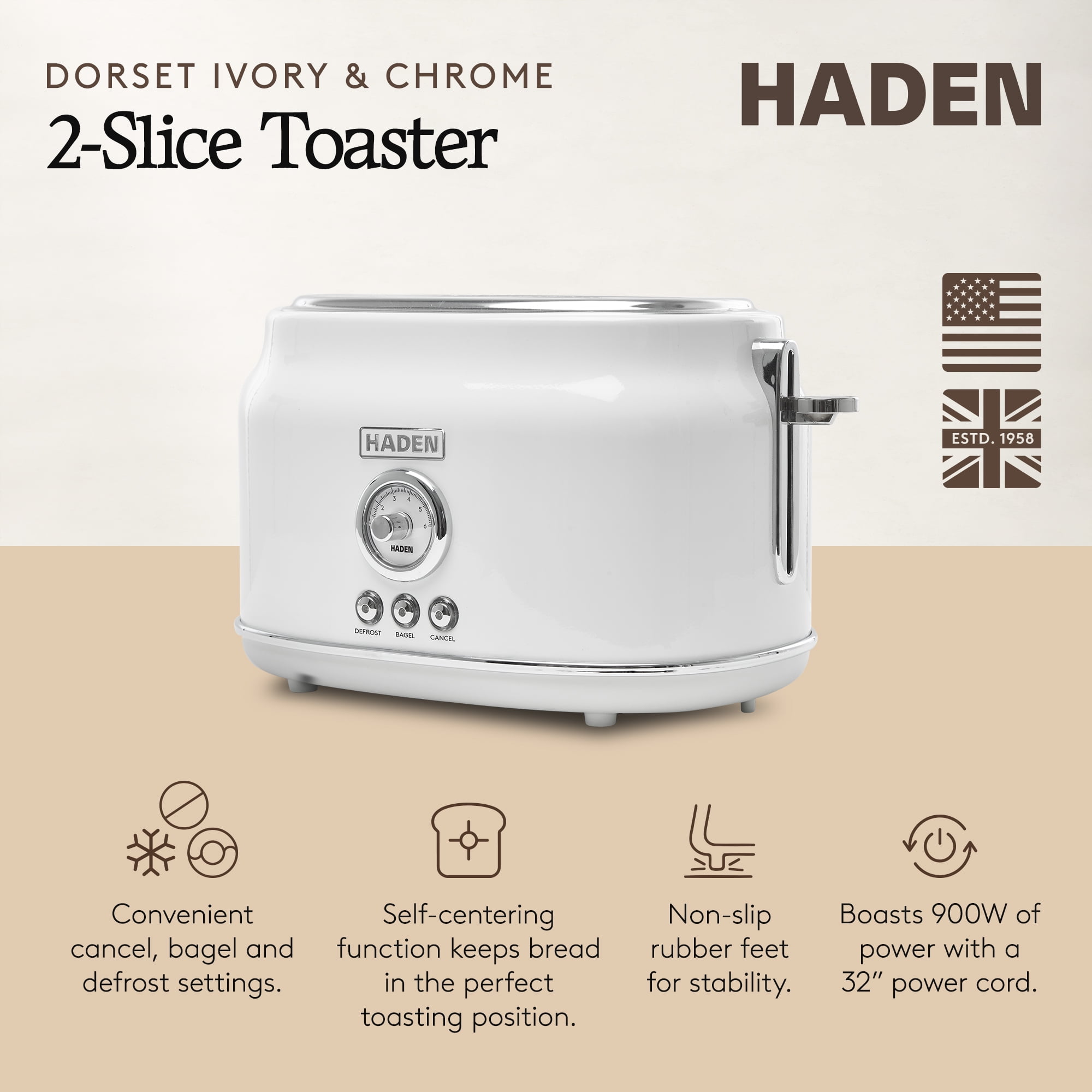 Haden Dorset Toaster, Wide Slot with Removable Crumb Tray and Settings (2 Slice, Ivory)