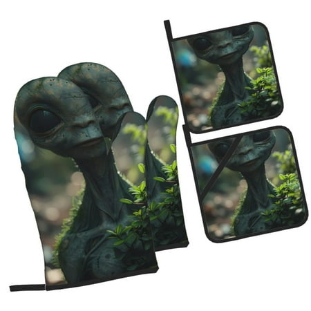 

Haiem Cute Saucerman With Big Eyes Print Extra Long Oven Mitts and Pot Holders 4pc Sets: Heat Resistant Silicone Oven Mittens with Mini Oven Gloves and Hot Pads Potholders