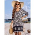 thumbnail image 4 of Women Casual Beach Summer Boho Tassel Tie Neck 3/4 Long Sleeve Short Floral Print Cover Up Sundresses Black M, 4 of 6