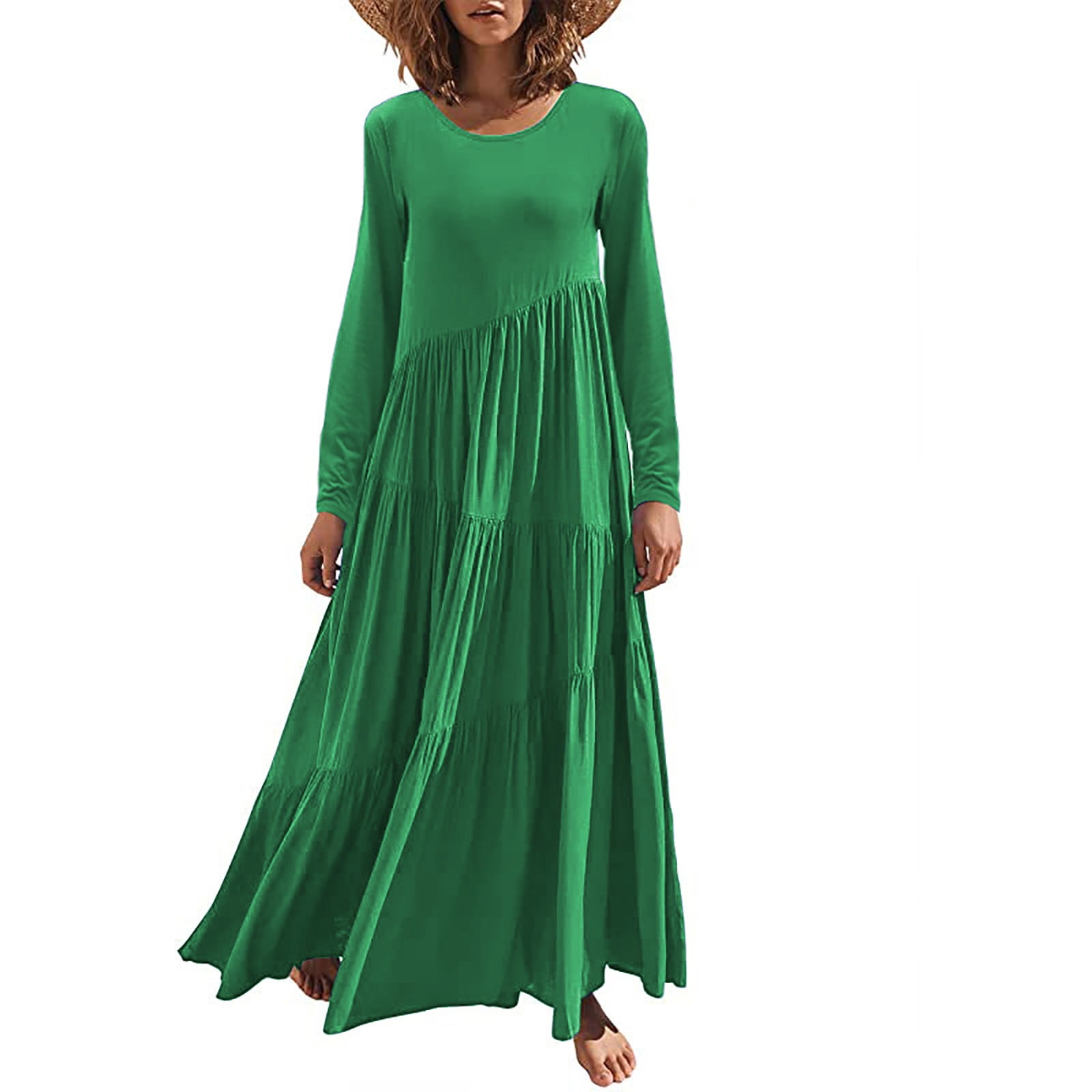 Women's Short/Long Sleeve Loose Plain Maxi Dresses Crewneck Casual Tiered Flowy Pleated Swing Beach Long Dresses
