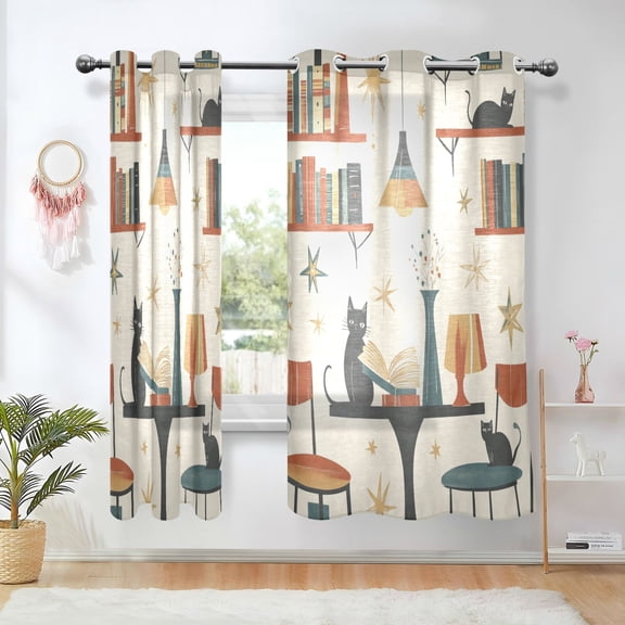 Yayeee Window Curtains Light Filtering 63"x42" Grommet Panel Pair Home Living Room Decor, Cats Reading Pattern