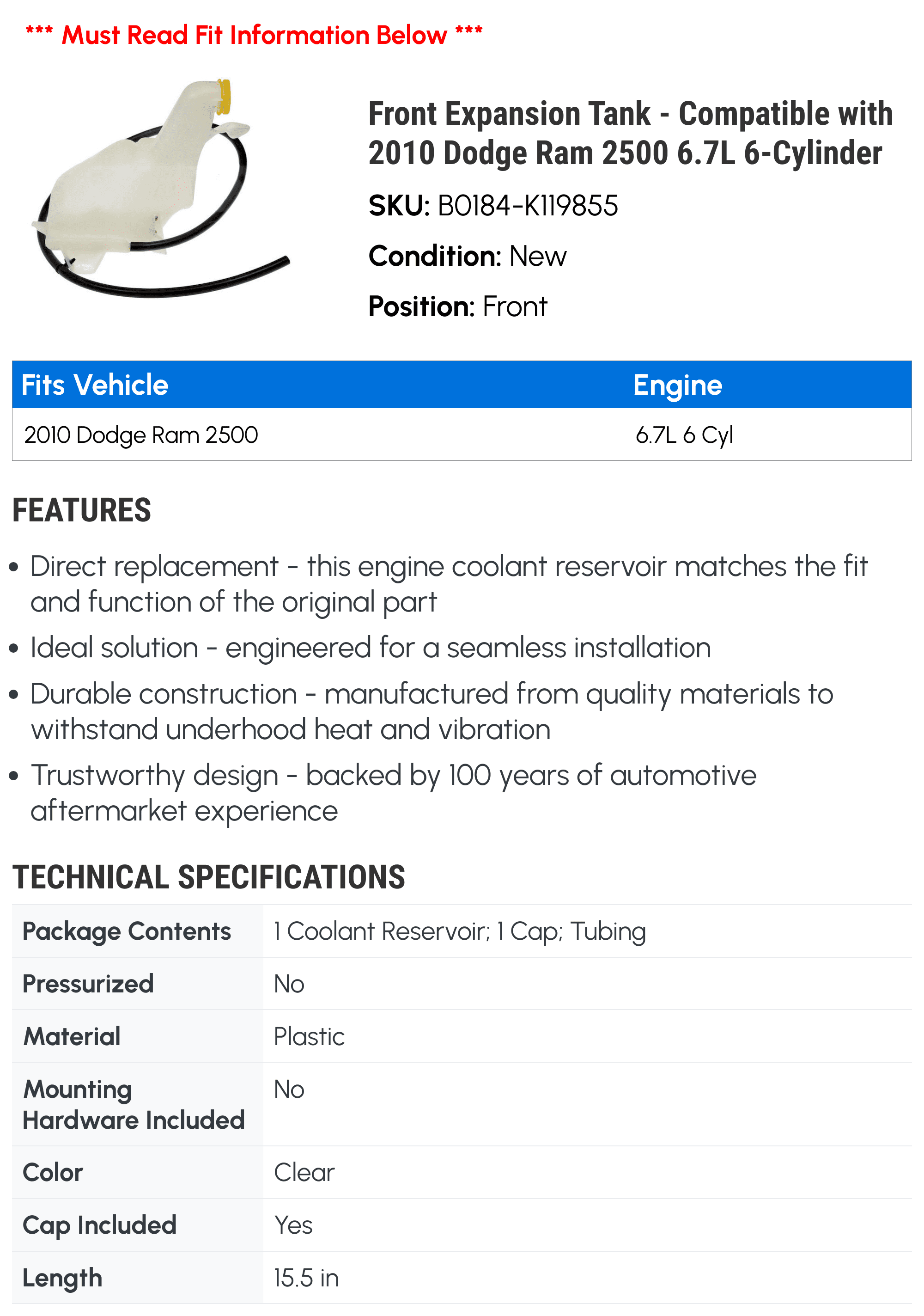 Front Expansion Tank - Compatible with 2010 Dodge Ram 2500 6.7L 6-Cylinder