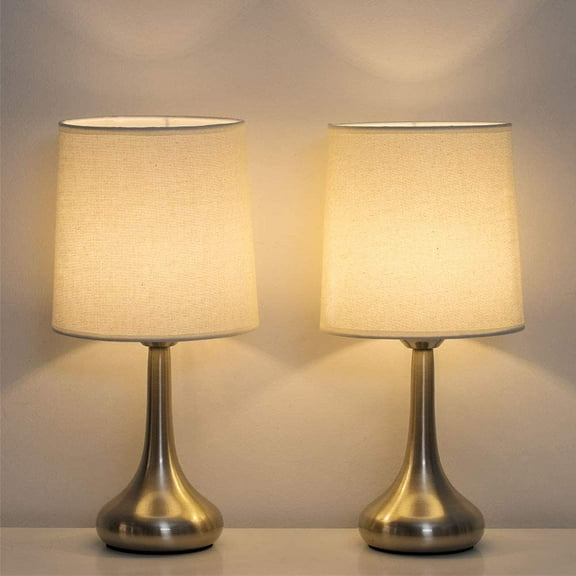 Haitral Silver Table Lamps - Compact Desk Lamp Set Of 2 With Cream Fabric Shade